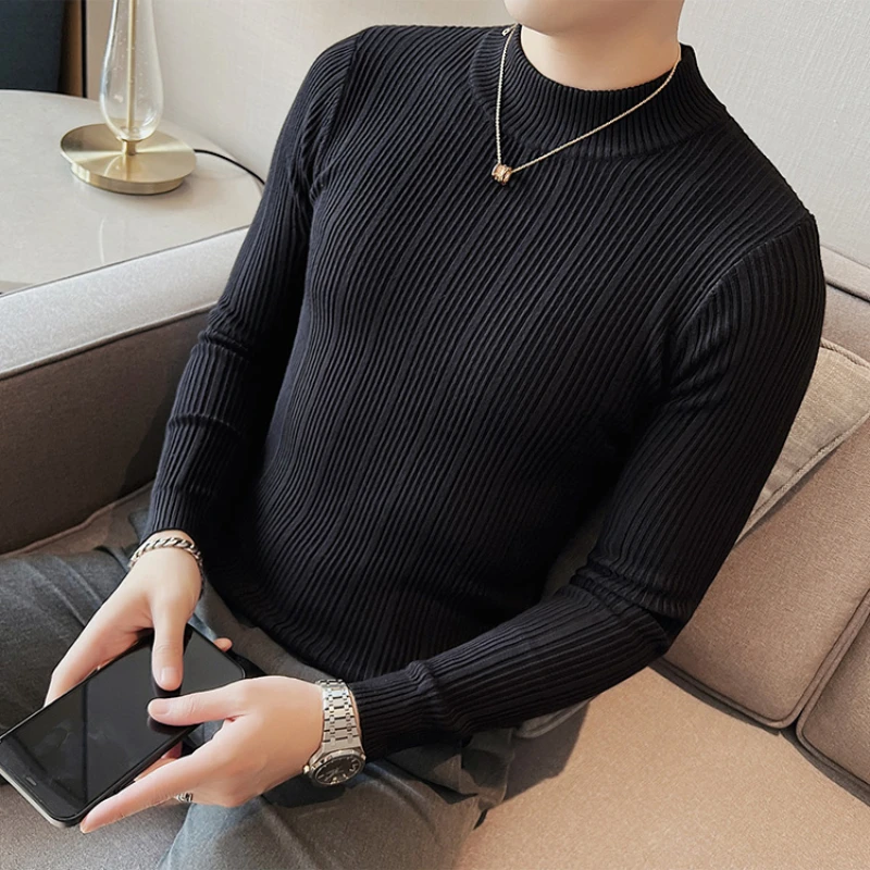 Fashion Half High Neck Vertical Stripe Knitting Sweaters Men High Quality Slim Fit Autumn New Pure Color Warm Casual Pullovers