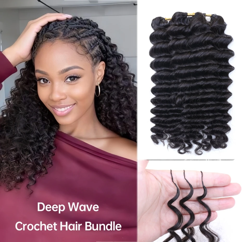 Deep Wave Human Hair Crochet Extensions 1B Natural Black Knotless Pre-Separated Feather Crochet Hair Loose Wave Bulk Braiding Hair No Weft Soft Real Human Hair Invisible Miracle Knots Boho Braids Remy Hair Extensions for Women Ladies - view 3