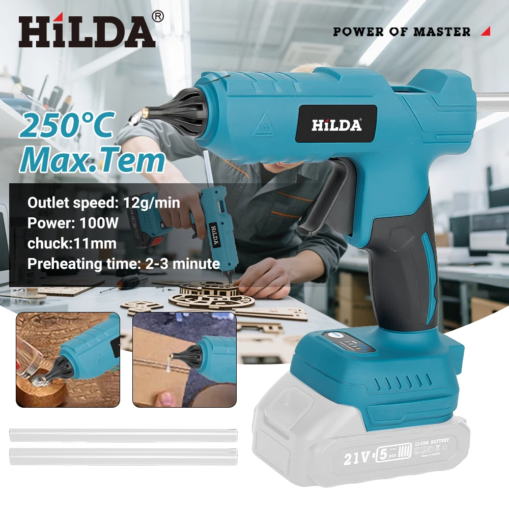 

Клеевой пистолет HILDA для горячего клея, легкий и прочный, беспроводной, на 2 стержня - профессиональные клеевые стержни 11 мм для аккумулятора Makita 18В