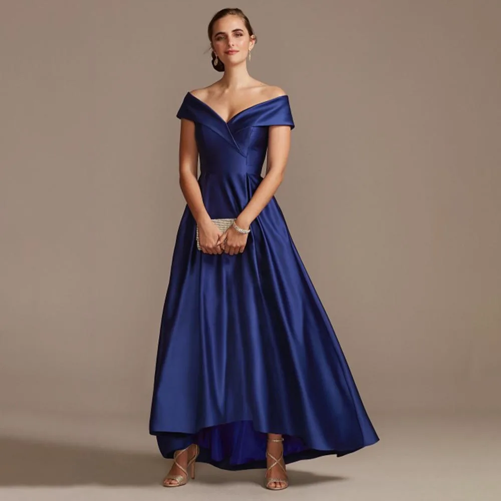 

Elegant Mother of the Bride Dress for Weddings Royal Blue Satin A Line Off the Shoulder Asymmetrical Women's Wedding Guest Gowns