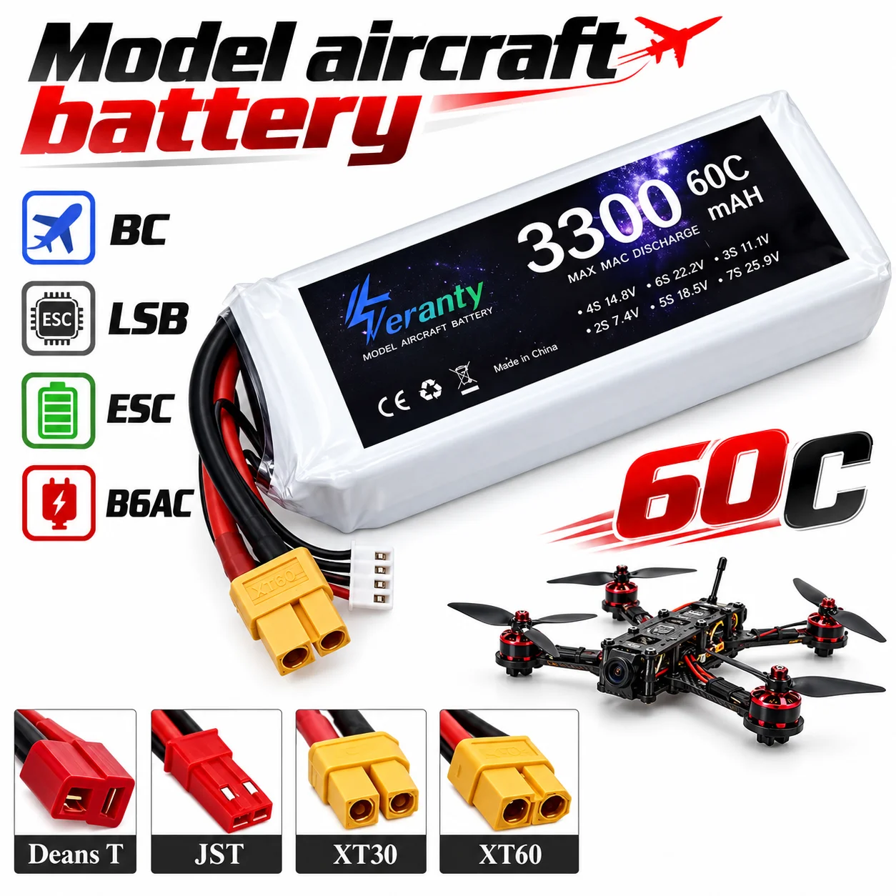 Rechargeable 11.1V 3300mAh 3S 60C LiPo Battery XT60 Plug for FPV Drone Quadcopter RC Airplane Helicopter Car Boat Plane