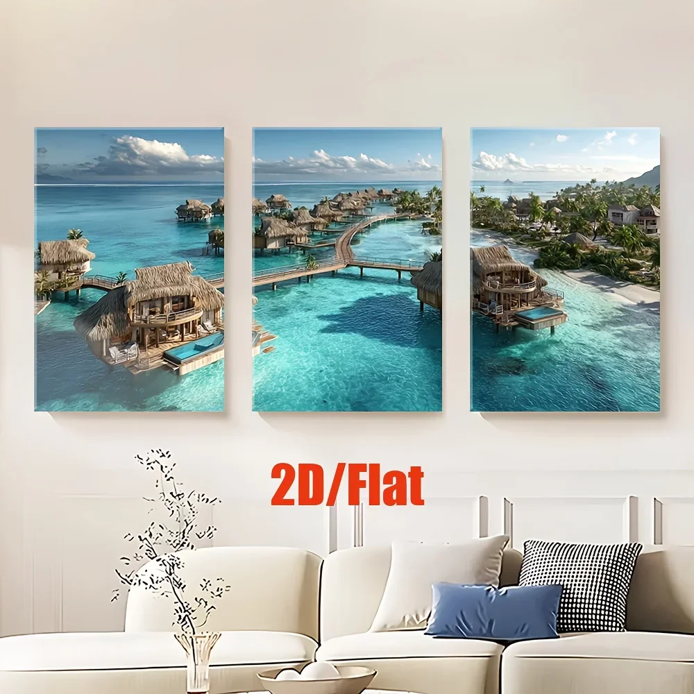 (No frame)2D Flat, 2D/Flat, 3pcs/set, canvas paintings-frameless, resort on water in maldives islands, Posters and prints, li