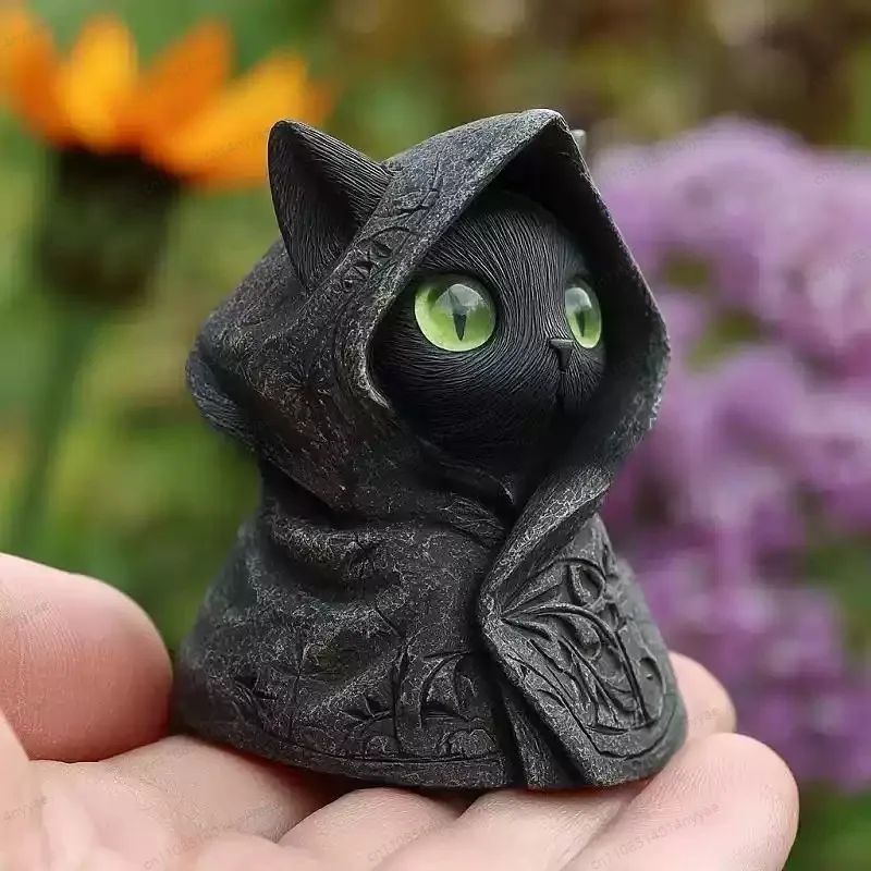 Cat Figurine Home Decor Gothic Black Cat Statue with Hooded Cloak Mysterious Animal Sculpture for Living Room Shelf Desktop
