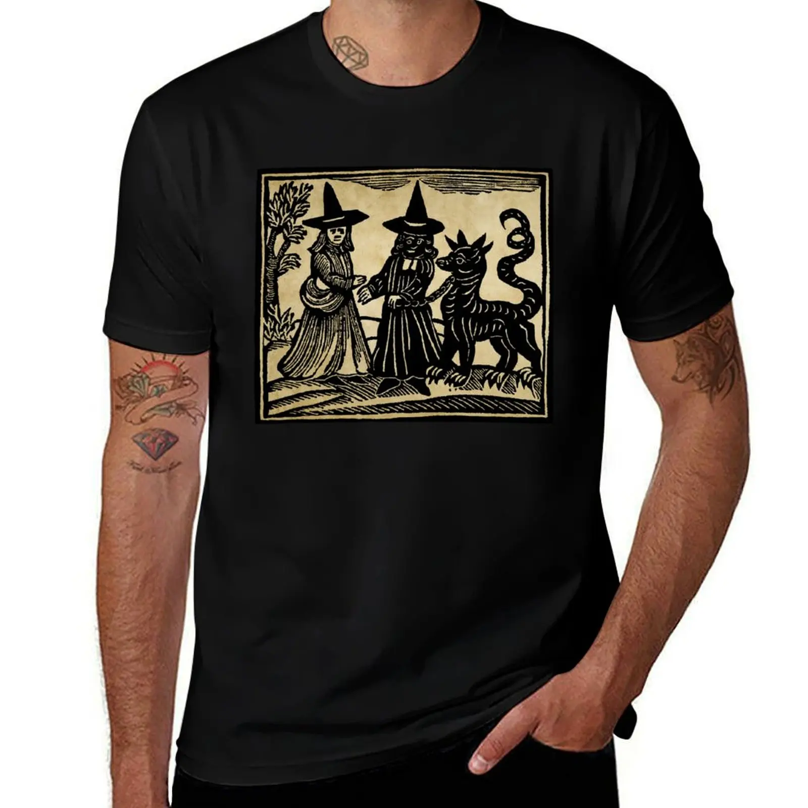 A white-faced witch meeting a black-faced witch with her familiar(1720) woodcut print T-Shirt