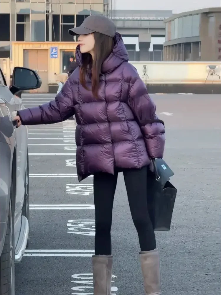 

Корейское женское длинное хлопковое пальто Thiened с капюшоном фиолетового цвета, зимнее пушистое пальто с хлебом, верхняя одежда свободного покроя