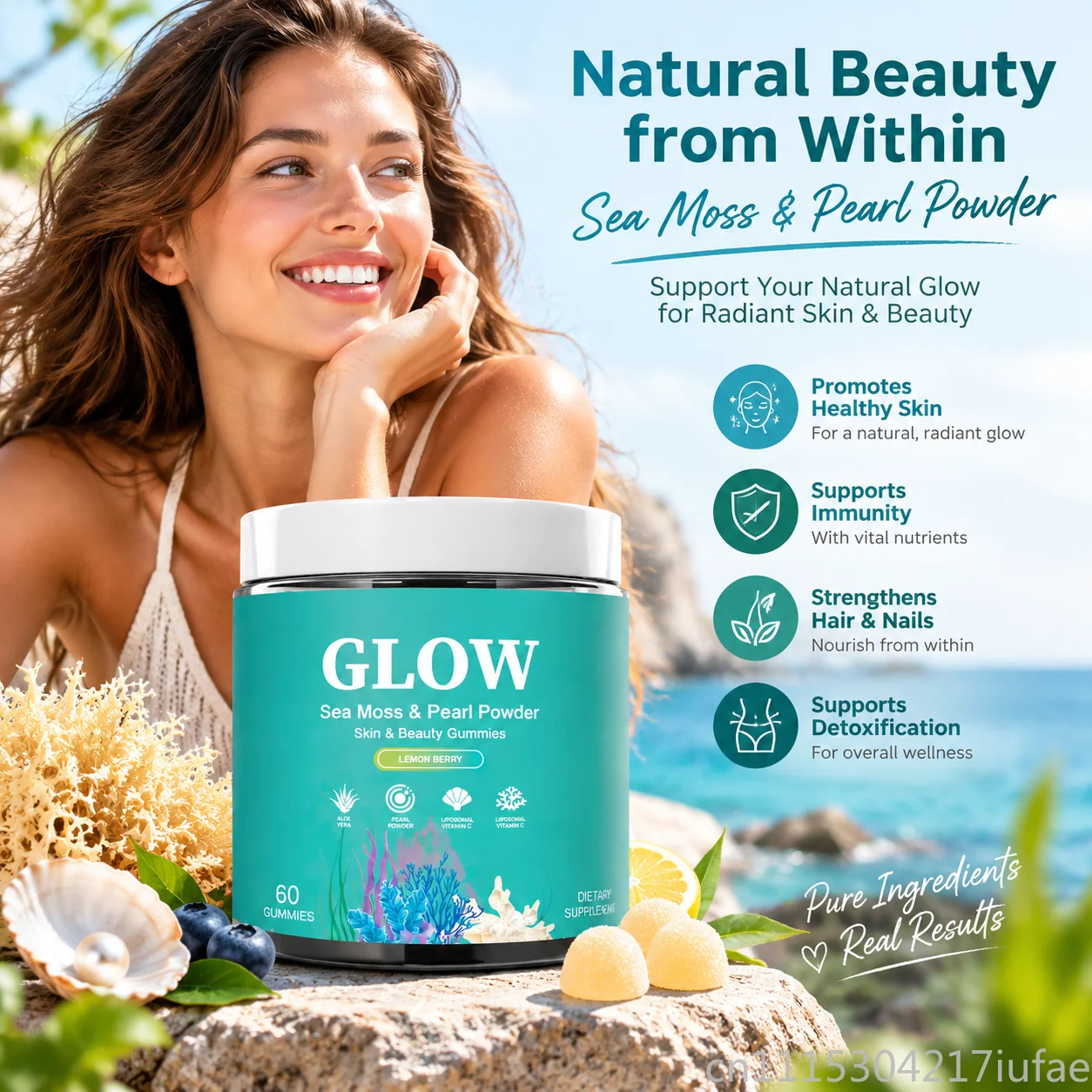 GLOW Sea Moss & Pearl Powder Beauty Gummies 60ct, Lemon Berry Aloe Vera Liposomal Vitamin C Skin Support Supplement