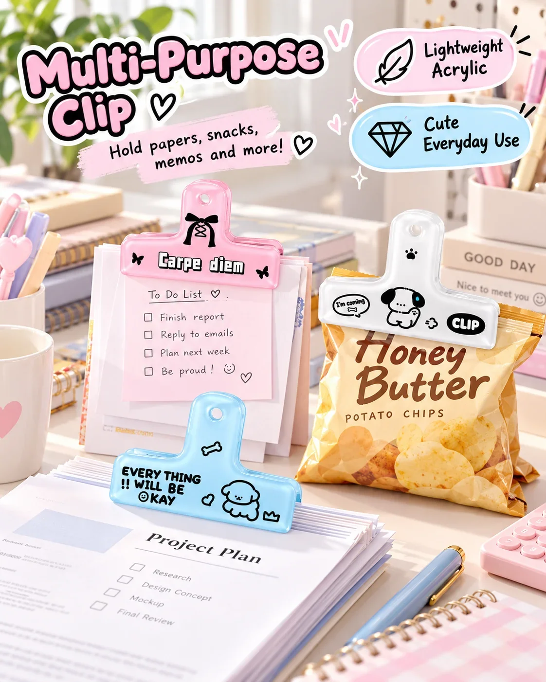 Acrylic Binder Clip, Cute Minimalist Design, Multifunctional Paper and File Clip