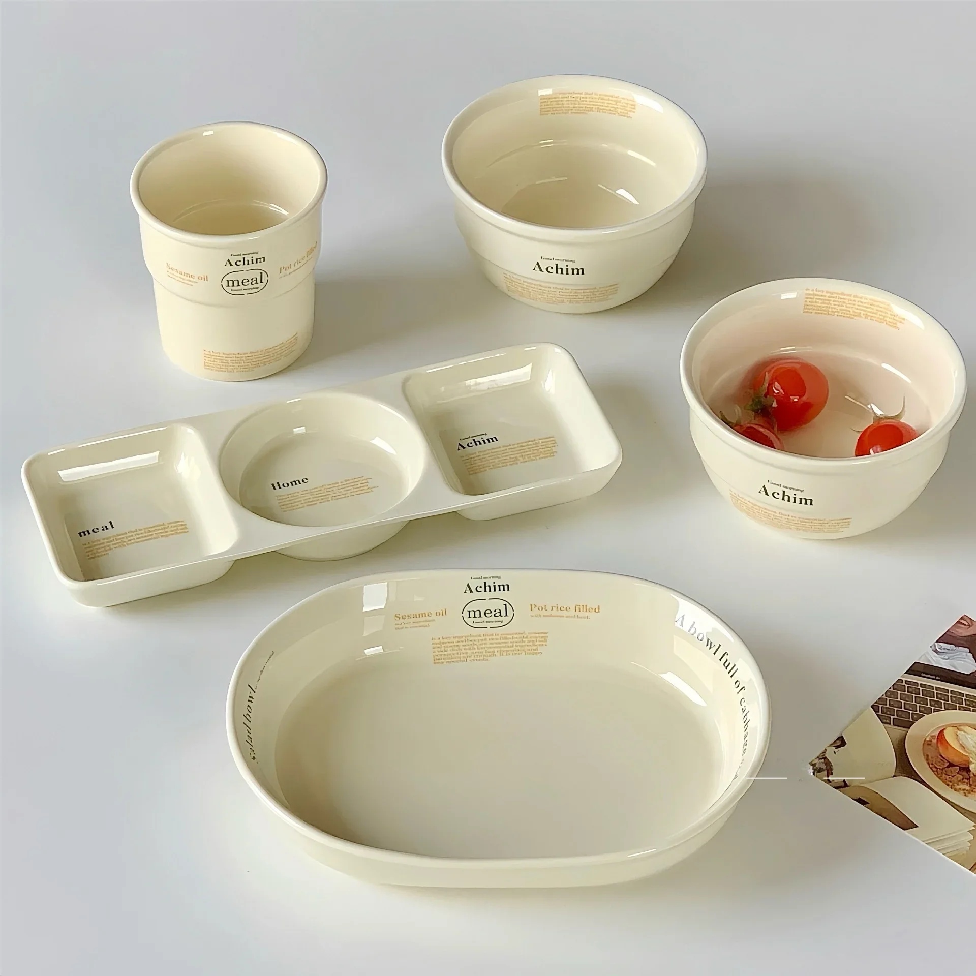 Korean Style Ceramic Bowl Set Dessert Salad Bowl Breakfast Oats Sweet Ins Popular Sandalwood Shape Alphabet Pattern Dining Ut...