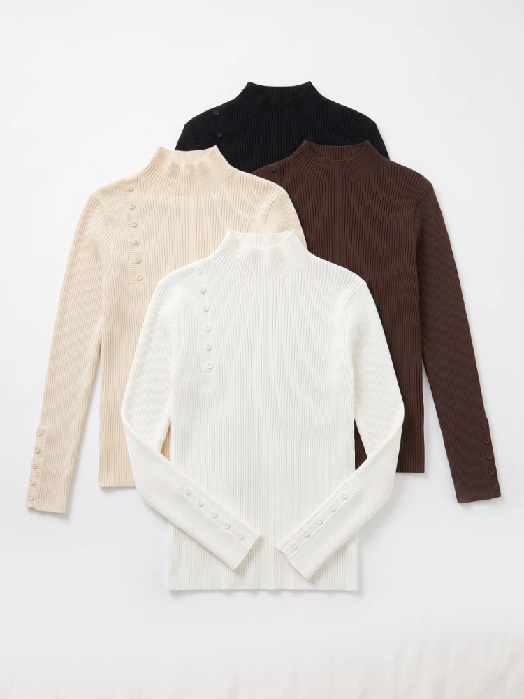 Long Sleeve Button Turtleneck Slim Pullovers for Autumn Winter Knitted Women Sweater Female Sweaters Soft Warm Bottoming Jumper