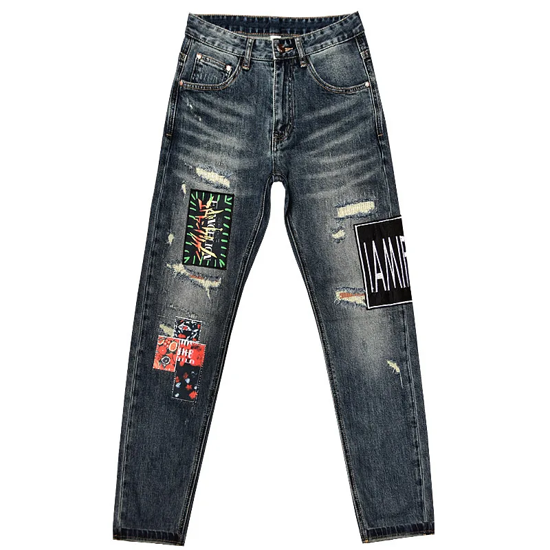 Paste Cloth Embroidery Jeans Men's Street Motorcycle Slim Fit Skinny Pants Fashion Ripped Patch Stretch Washed Trousers