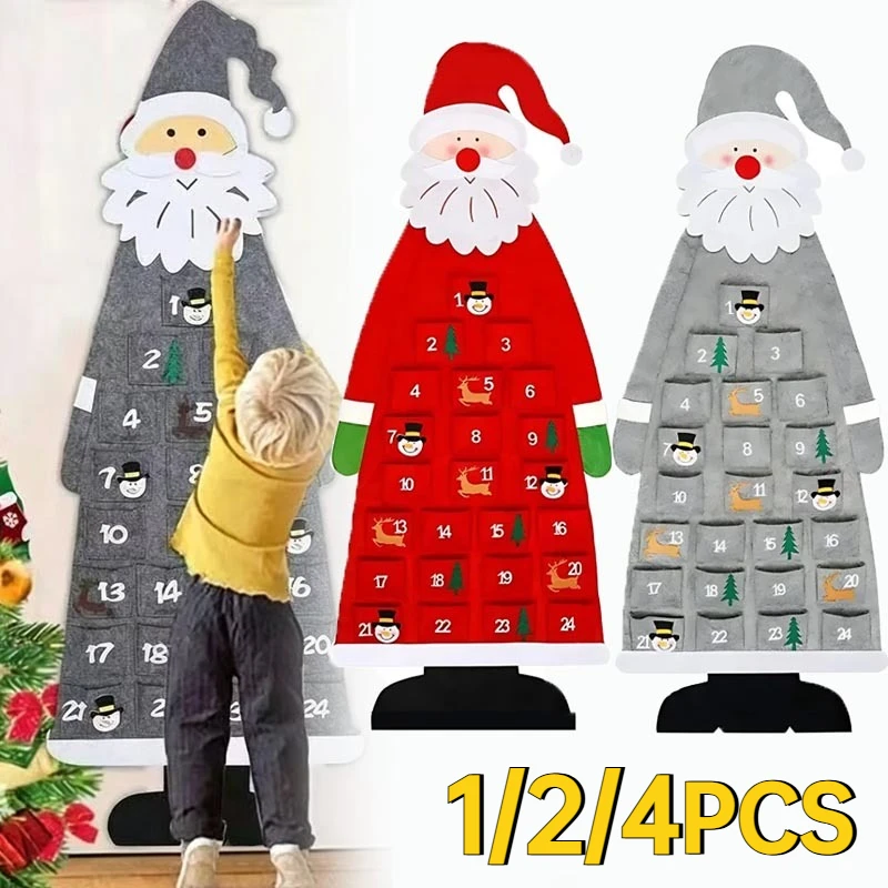 1/2/4PCS Interactive Felt Christmas Tree Advent Calendar for Kids Countdown to Xmas with Removable Ornaments Door Wall Decor