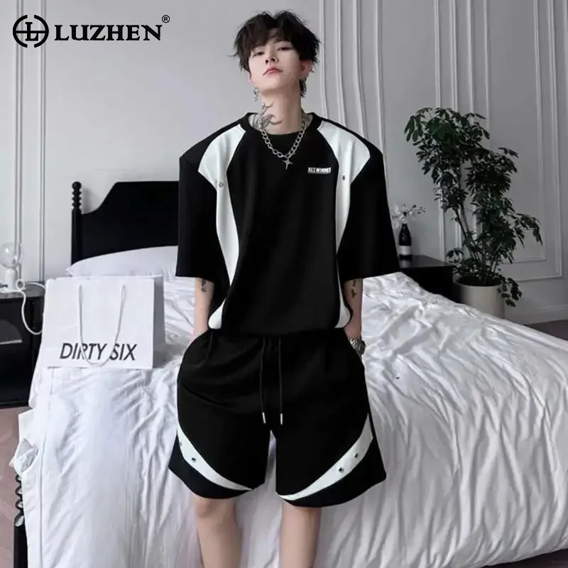 

LUZHEN Design T Letter Printed Sleeved Color Short Contrast Shirts Two-piece Sets Stylish Street Men's Straight Shorts JY2522