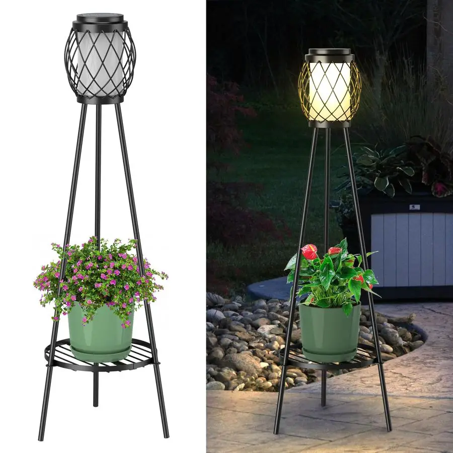 Luces Solares para Exteriores con Soportes para Plantas, Paquete de 2, Lámpara Solar de Pie con Trípode Metálico para Jardín, Patio, Camino, Entrada