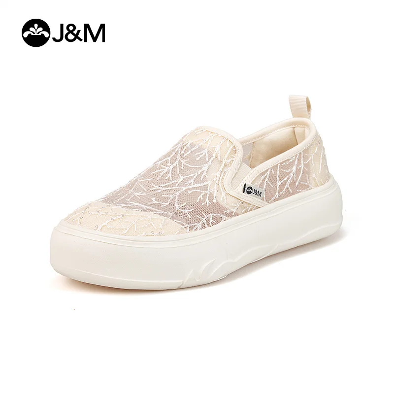 

2025 J&M Shoes Women Loafers Fashion 3.5cm Platform Shoes Summer Lace Mesh Shoes Slip-On Casual Shoes Breathable White Sneaker