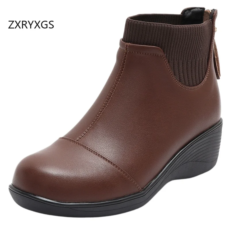 

ZXRYXGS 2025 Top Layer Cowhide Splicing Elastic Fabric Women Fashion Boots Wedges Shoes Woman New Autumn Winter Boots Big Size