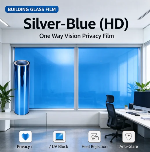 Silver Blue HD PET One Way Vision Window Film Roll Privacy Glass Tint Heat Insulation Anti UV DIY Install For Home Office Buildi