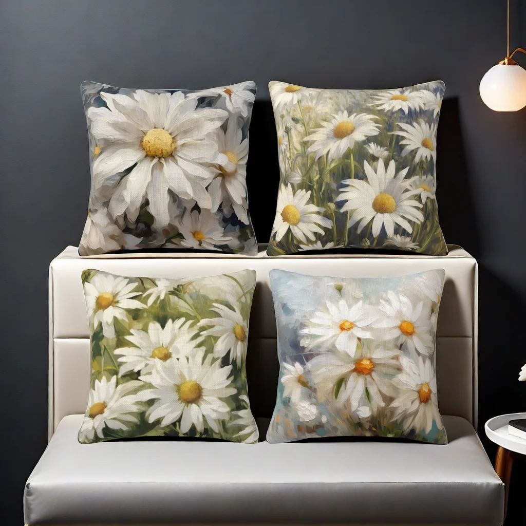 

Daisy Pattern Pillowcase Linen Pillow Cover Special Pillow Case for Sofa Home Decoration Cushion Cover 45*45CM 4 Pcs