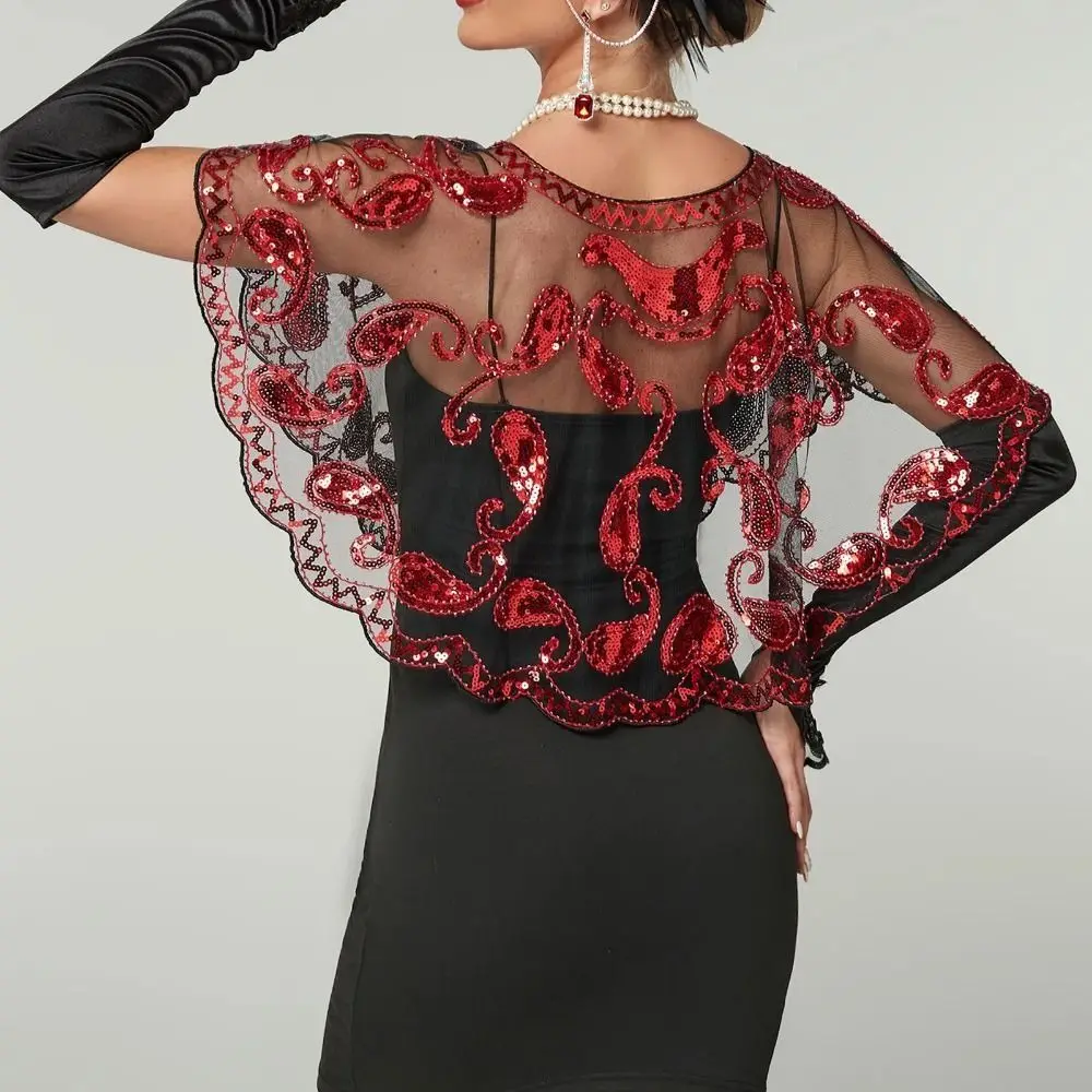 

Пальто-пончо с блестками в стиле ретро, вышивка, блестящие блестки, расшитая бисером, короткая накидка, короткая накидка, тема 1920-х годов, шаль-хлопушка