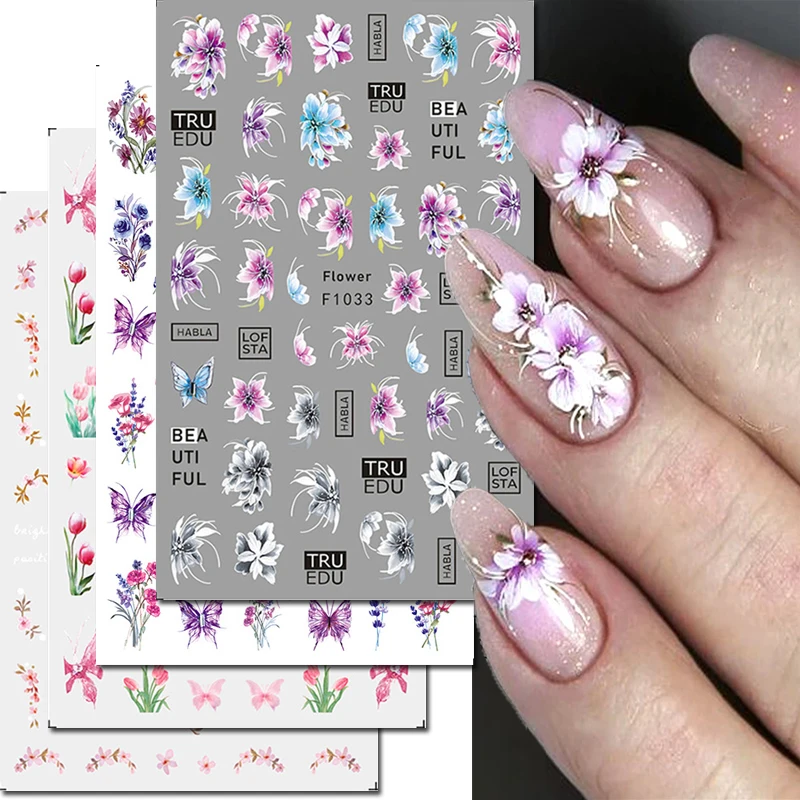 

3d Nail art Stickers Summer Pink Purple Blossom Cherry Tulip Flowers Butterflys Decals For Nail Decorations Manicures Beauty