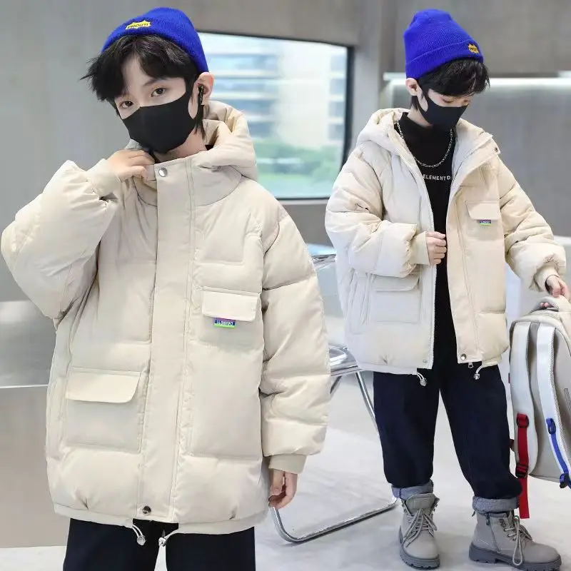 Winter Windproof Warm Boys Cotton Lined Full Zip Drawstring Puff Jackets School Kids Parka Child Snow Coats Outfit Tops 5-16Yr