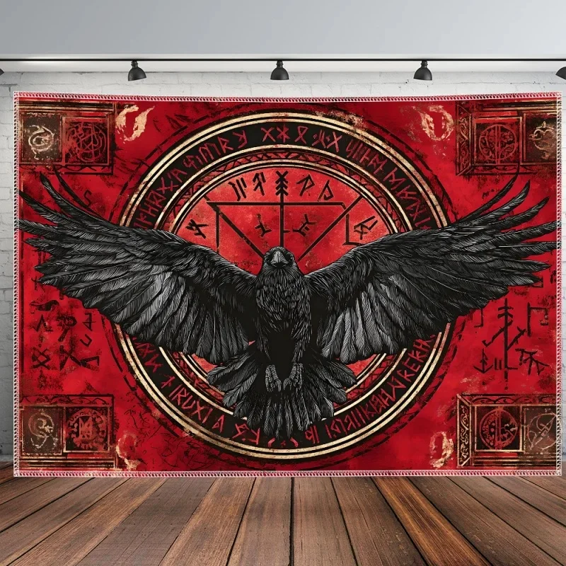VIKAMA Norse Crow Wall Tapestry, Retro Red Viking Rune Circle Art Print Wall Hanging, Warrior Style Bedroom Background