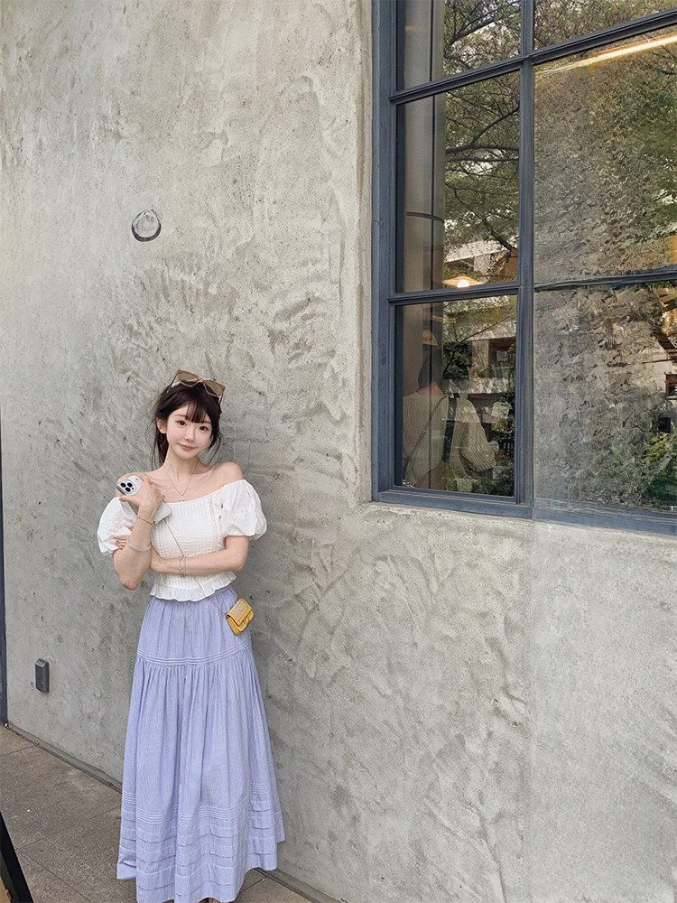 

Mlodie Embroidered Cotton irt Set Korean Sle Loose Fit Breathable Summer Faion Women's Top with Bubble Sves