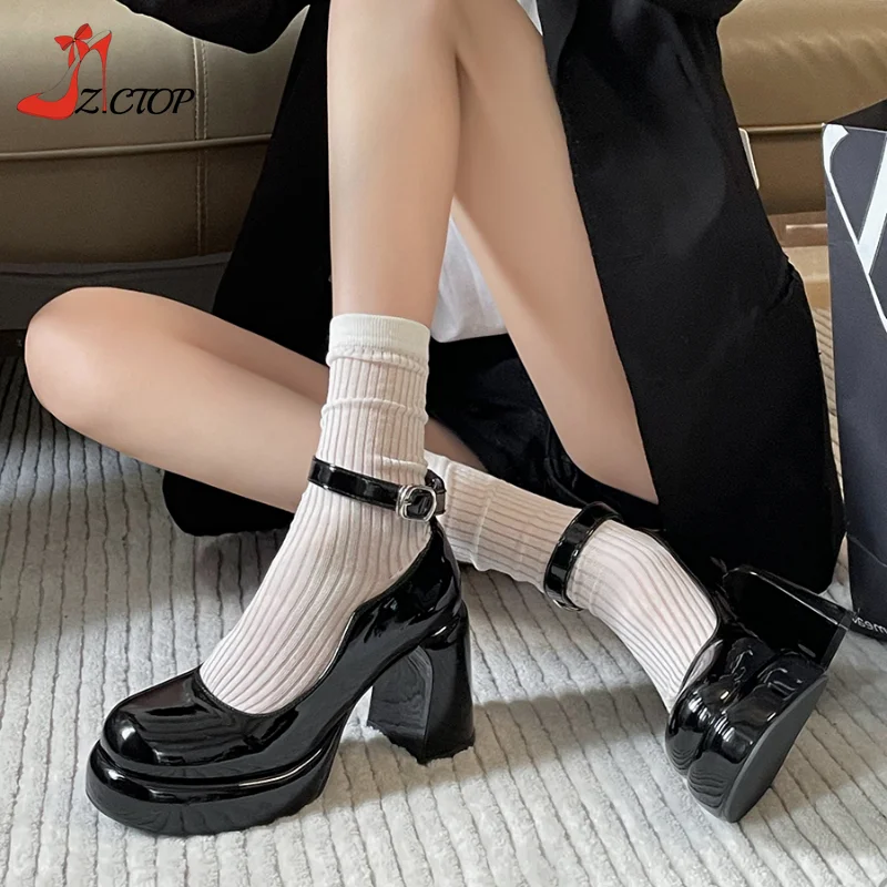 

Women High Heels Mary Jane Shoes Black Vintage Platform Pumps Buckle Strap Beige Woman Thick Heel Wedding Party Shoes