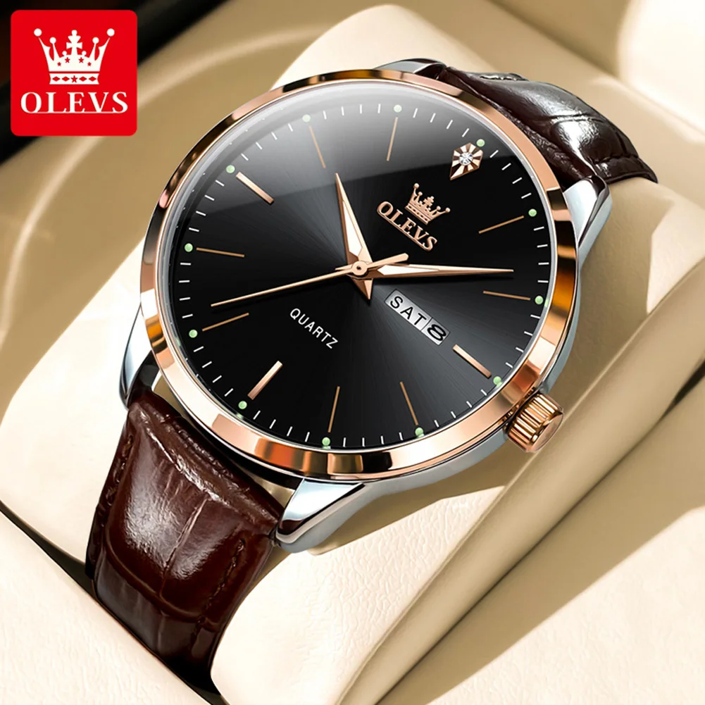 

OLEVS Mens Watches Top Brand Luxury Leather Quartz Watch for Men Waterproof Luminous Week Date Business Watches Men Reloj Hombre