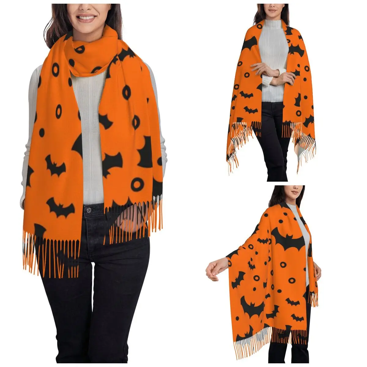 Womens Tassel Scarf Halloween Single-sided Pattern Winter Fall Shawl and Wrap Bats Ghost Spooky Gifts Pashmina Scarves