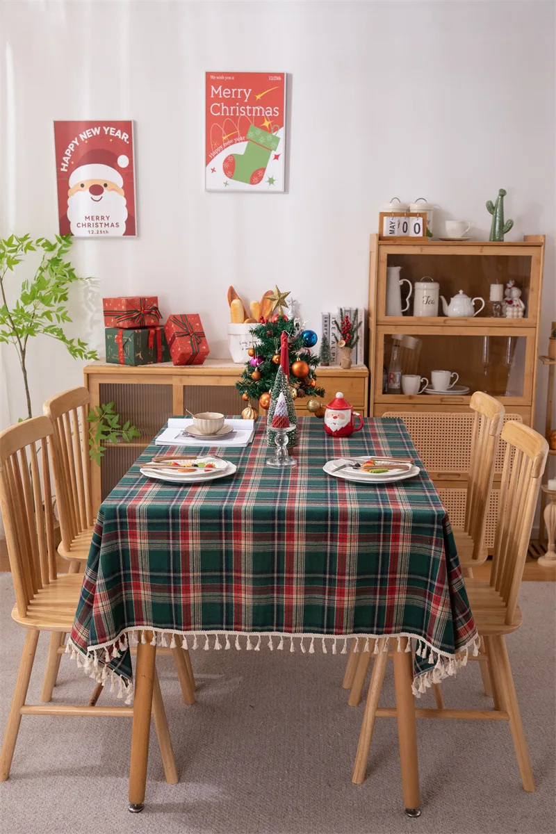 Weihnachtsdekoration, runde Tischdecke, karierte Tischdecke für Neujahr, Familientreffen, Restaurant, Party, Abendessen, Heimdekoration – Detail 9