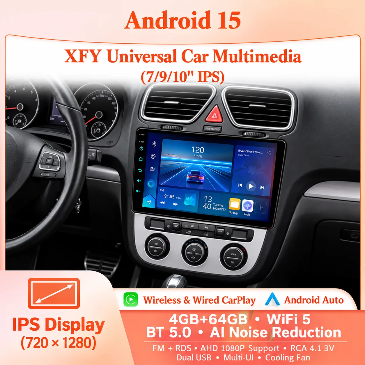 Car Stereo With AHD 1080P Camera Support XFY Android 15 4GB + 64GB 7/9/10 Inch IPS Display Wireless CarPlay and Android Auto