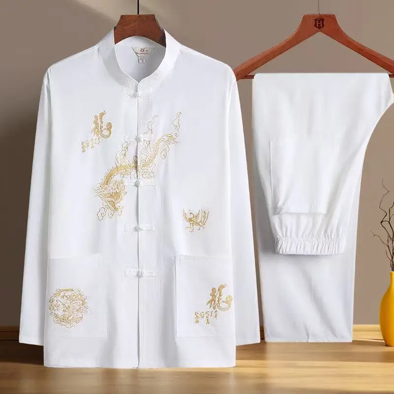 대형 아빠의 태극권 의류 남성 여성 드래곤 자수 쿵후 유니폼 중년 아버지 아침 운동 당나라 정장