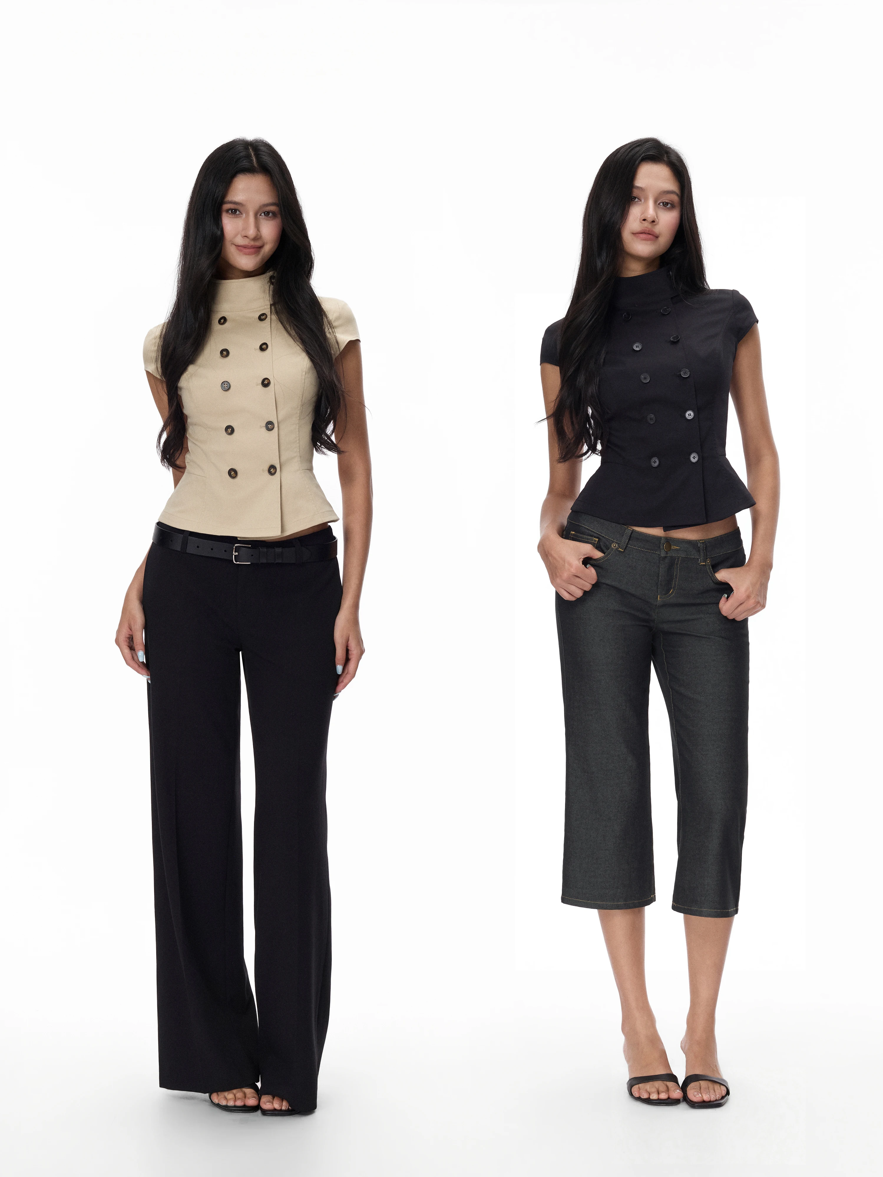 Jim Kennet Women's Cleanfit Short Sleeve Shirt Waist Cinched Short Length Stand Collar Double Buttoned Fashion Summer Shirt