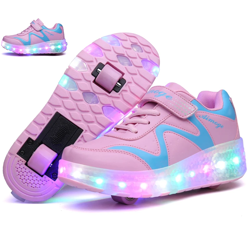 

Two Wheels Kids Glowing Sneakers With Waterproof LED USB Charging Casual Sports Shoes Light Up Boys & Girls Roller Skate Shoe