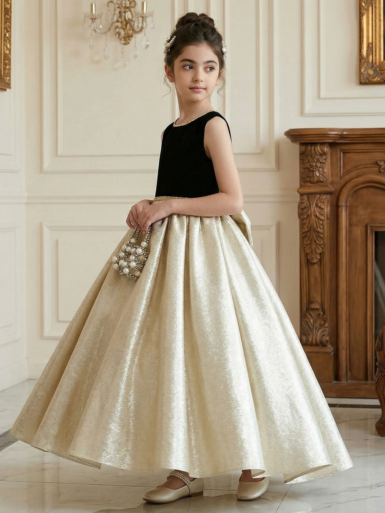 Tween Girl Black Patchwork Golden Satin Surface Elegant Princess Dress Party Gown Birthdays, Weddings, Party, Special Occasions view 5