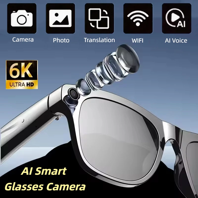 

6K HD AI Smart Glasses GPT 200W Pixel Camera Bluetooth Call 260Mah Battery Voice Assistant Control Colour Change Smart Glasses
