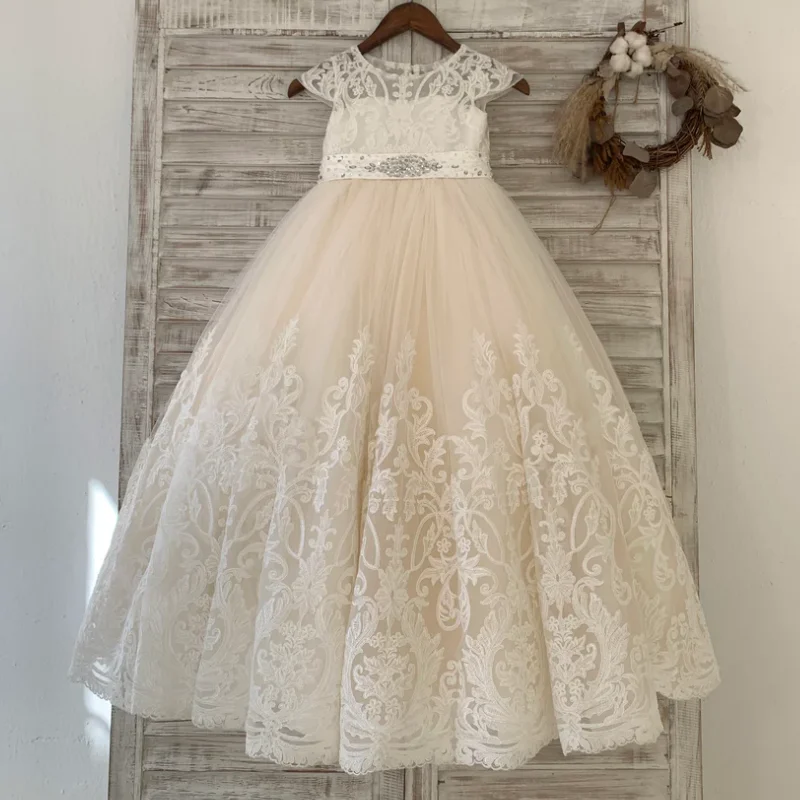 Champagne Flower Girl Dresses Tulle Lace Appliques Diamond With Bow Short Sleeve For Wedding Birthday Banquet Princess Gown