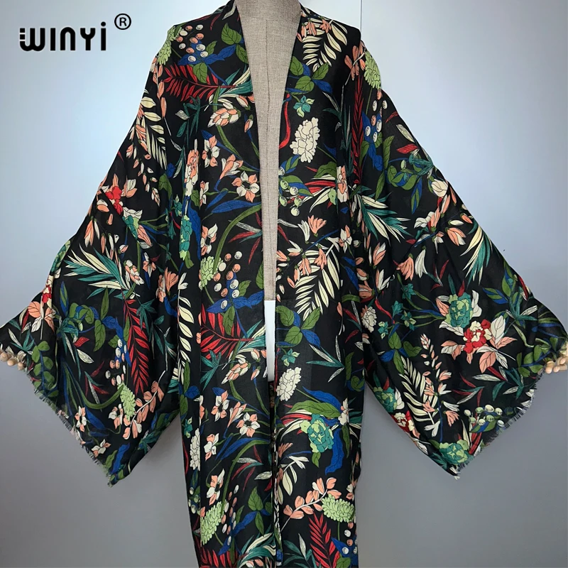 WINYI-cárdigan tipo kimono bohemio para mujer, ropa de playa, vestido estampado abaya de Dubái, trajes de playa de lujo, abrigo largo, caftán musulmán