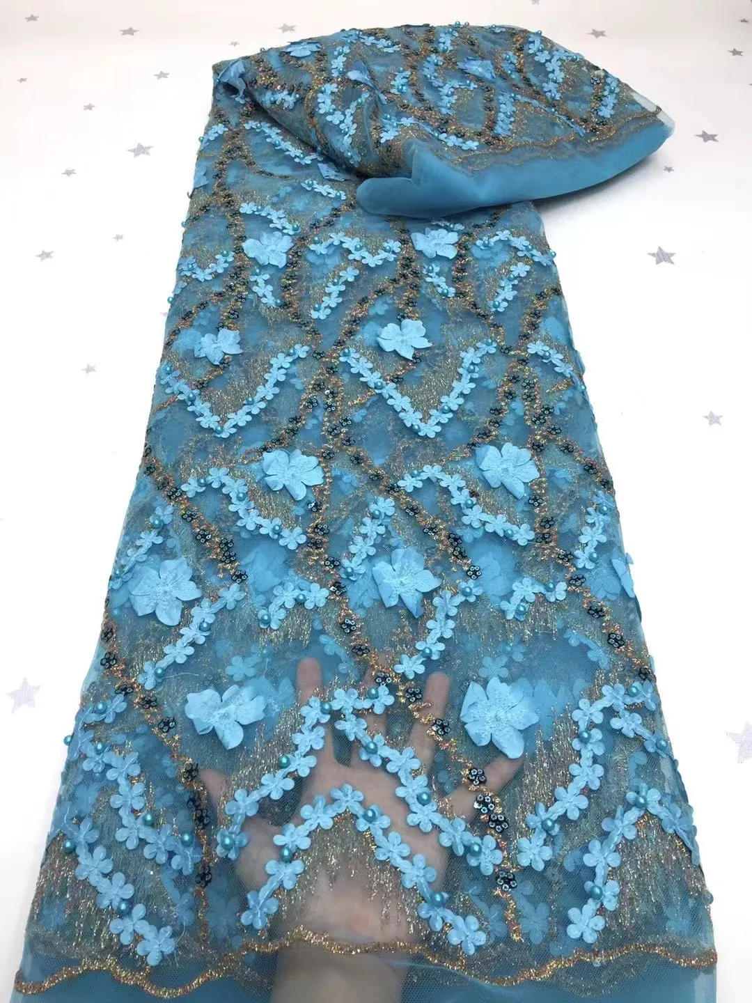 

Sky blue 3D Flower Lace Fabric 2020 High Quality Mesh Embroidery Applique 3D Flower Tulle Nigerian Lace Fabrics For Bridal