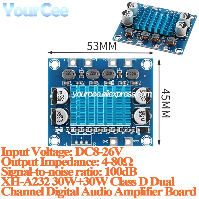 XH-A232 30W+30W Class D Dual  Channel Digital Audio Amplifier Board DC8-26V 100dB Speaker Audio playback audio amplifier module
