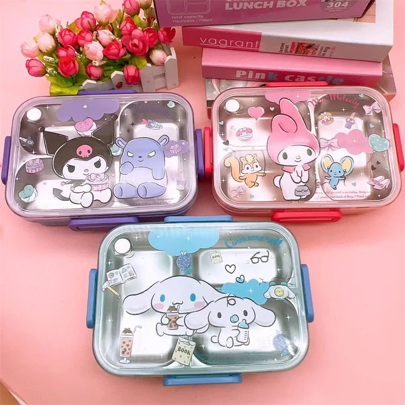 

Kawaii Anime Sanrio Cinnamoroll Stainless Steel Lunch Box Cute Cartoon Kuromi My Melody Three-Compartment Bento Box Girls Gifts