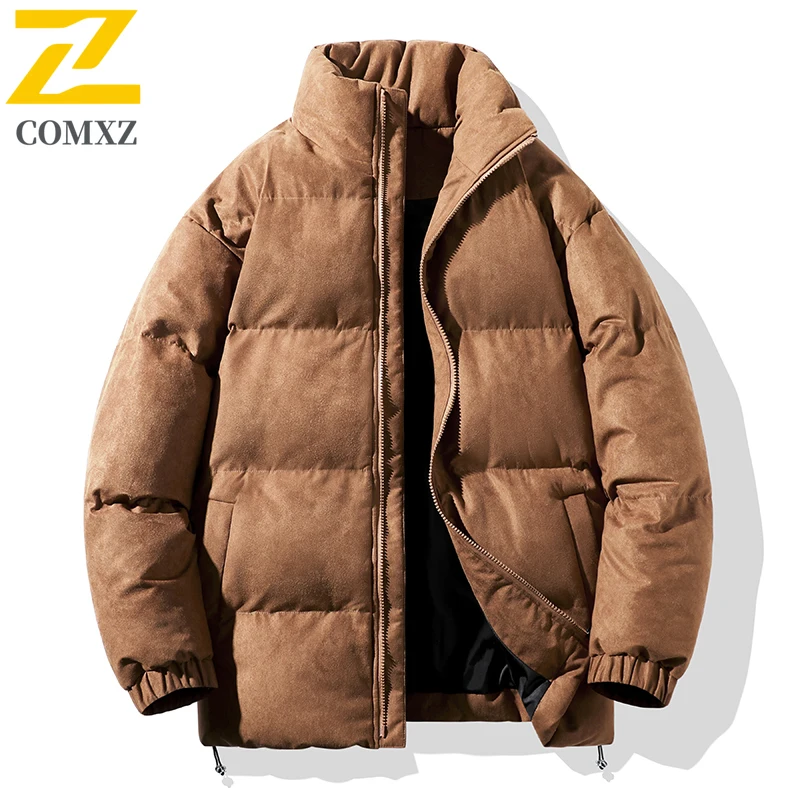 

Men Parka Coat Stand Collar Suede Fleece Windproof Travel Winter Jacket Warm Casual Slim Fit Outdoor Travel Ski Bread Jacket