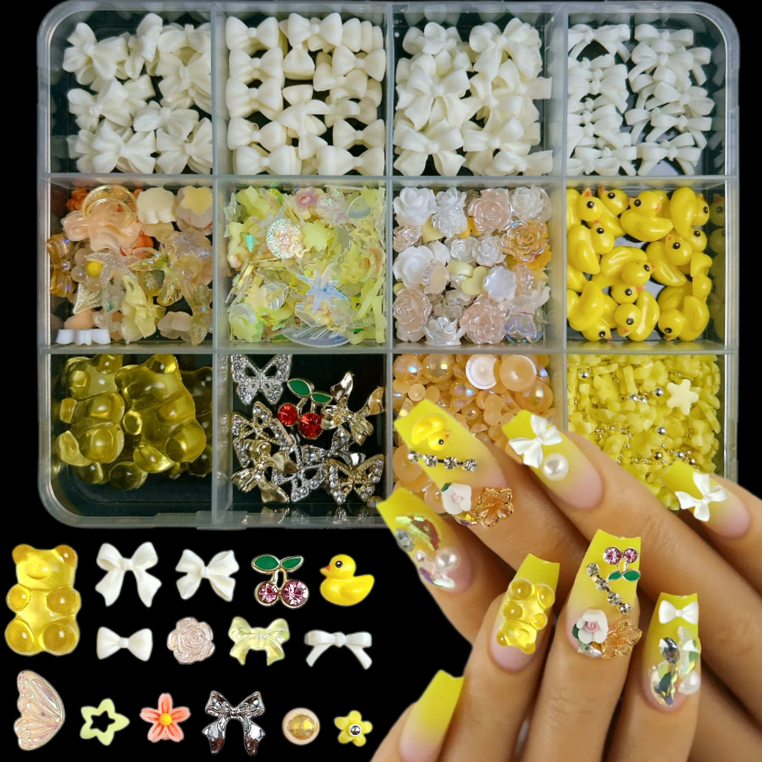 1 صندوق رائعتين شفافة هلام الدب بطة الراتنج مسمار الفن زينة الملونة الانحناء كاميليا سبائك الكرز الهجين مسمار السحر DIY بها بنفسك