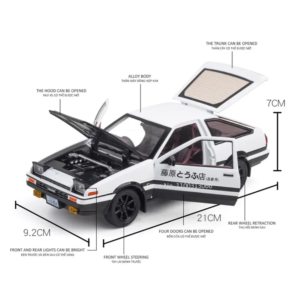 1:20 toyota ae86 liga diecast modelo carro brinquedos luz de som 4 portas abertas puxar para trás pneus de borracha veículos de simulação meninos presentes