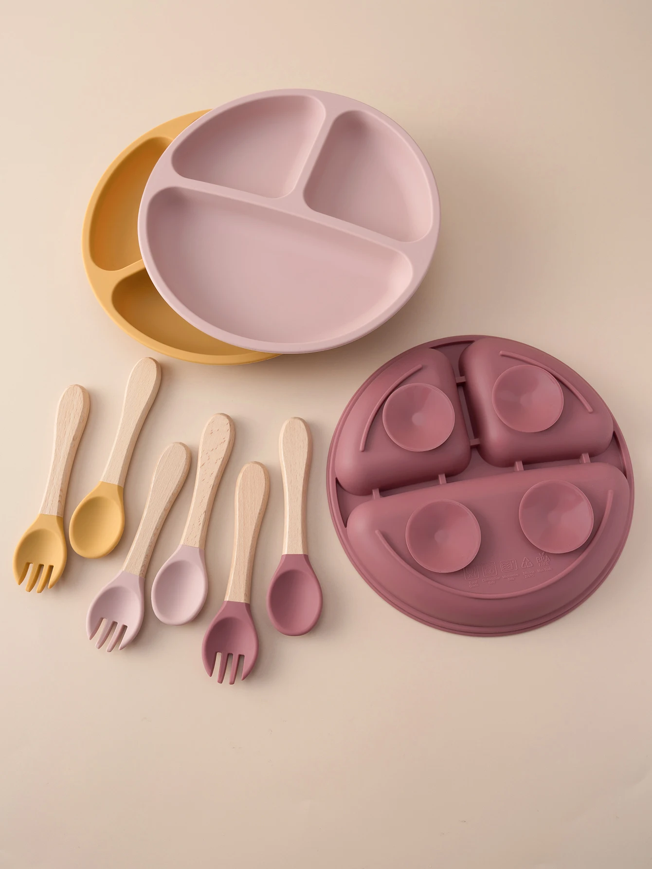 

3PCS Silicone Baby Feeding Set With Sucker Dishes Plate Wooden Spoon Fork BPA Free Training Tableware Toddler Essentials