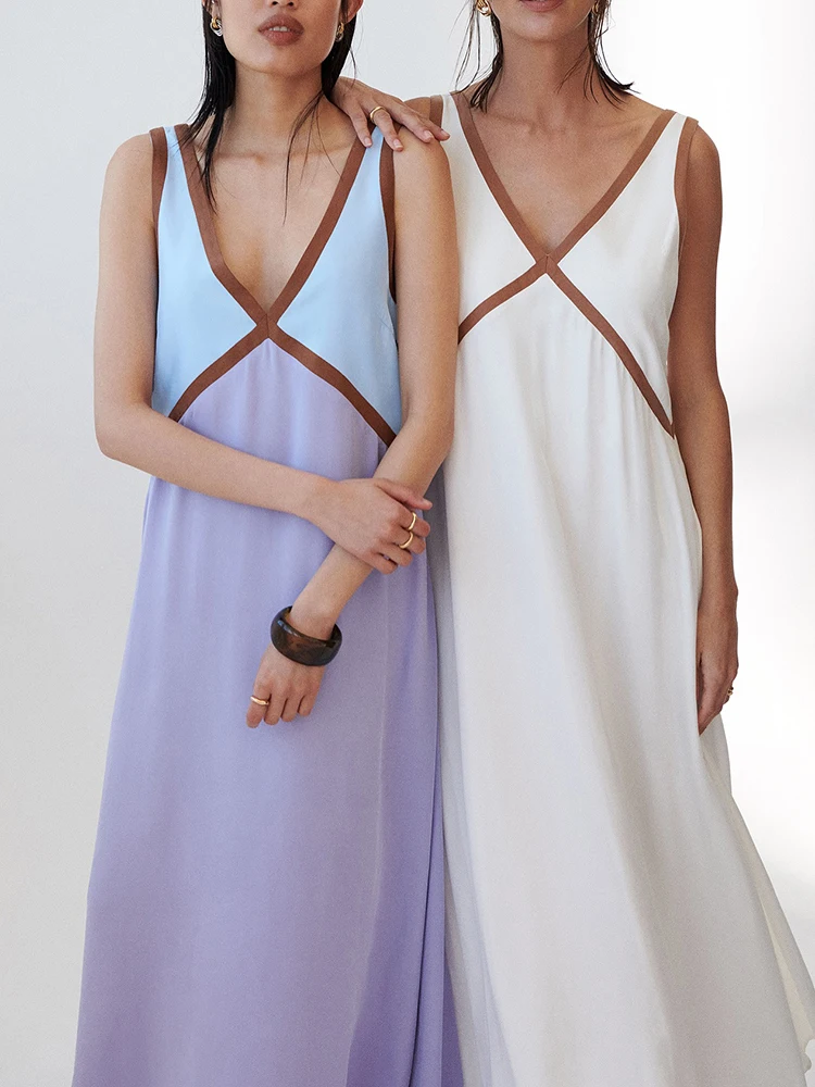 فستان أنيق للسيدات بخصر عالٍ على شكل حرف a موضة اللون منعت على شكل حرف v بدون ظهر فستان صيفي جديد جديد بدون أكمام فستان فضفاض