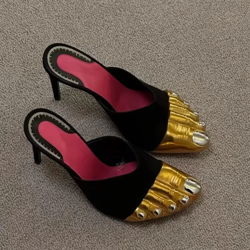 Golden Five Toes Patchwork Stiletto Sandals Women Pointed Toe Cover Heel Ankle Strap Sandals Lady Elegant Sexy Party Dress Shoes