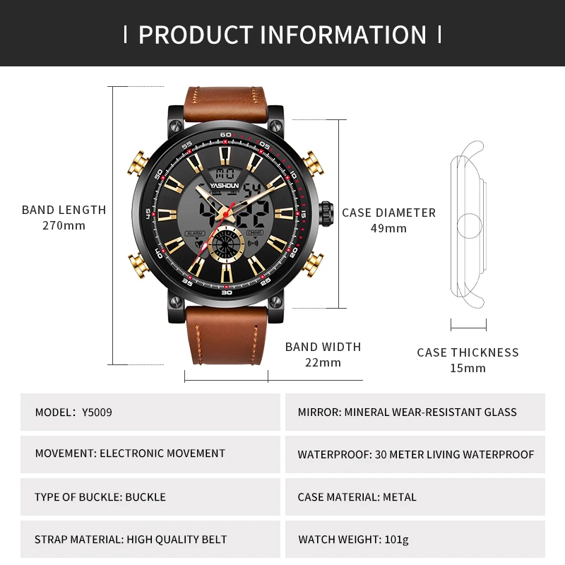YASHIDUN Brand Men's Quartz Watch For Men LED Watches Men Fashion Casual Sports Clock Genuine Leather Military Wrist Watch