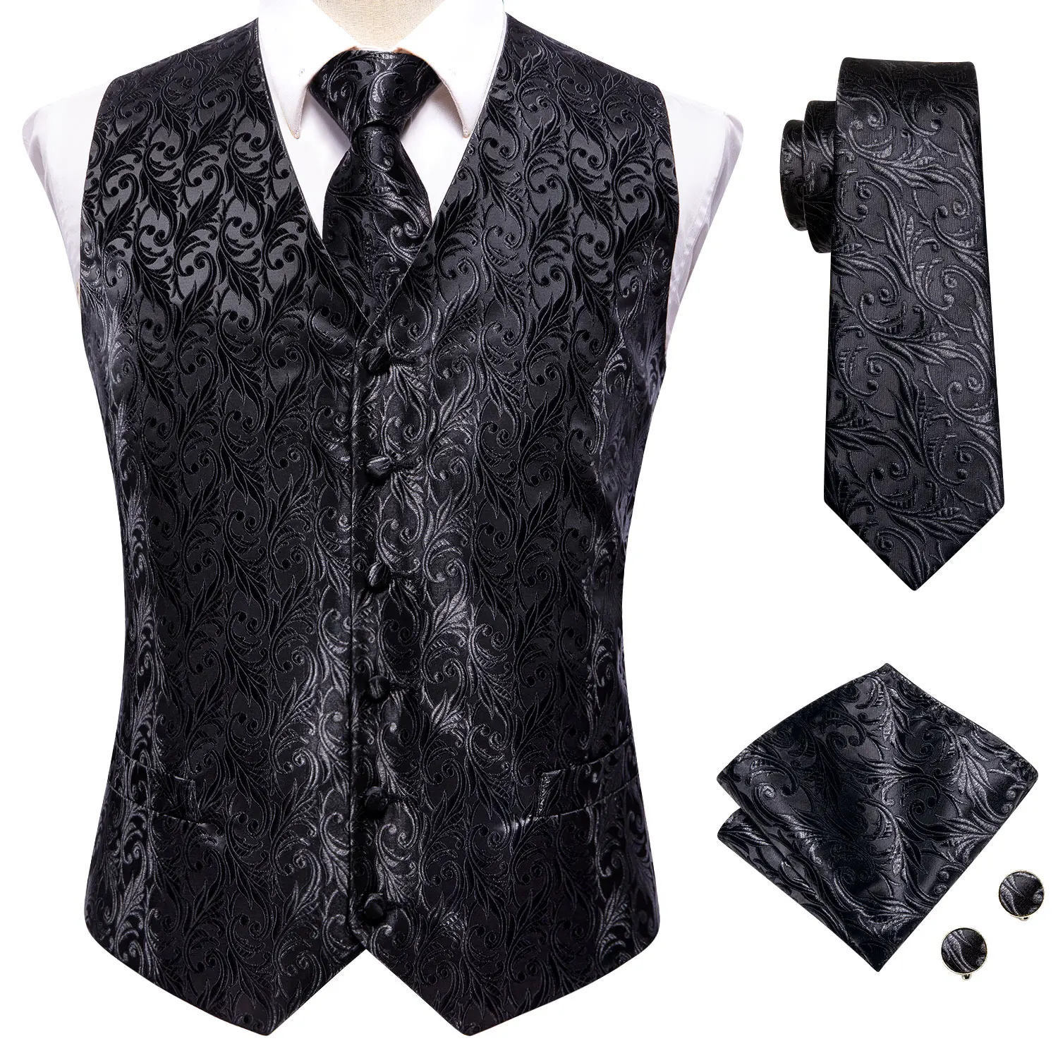 NONE Hochzeits-Lila Herrenweste Paisley Blumenmuster Krawatte Einstecktuch Manschettenknöpfe Sets Blau Grün Rot Herren Ärmellose V-Ausschnitt Weste Party 5