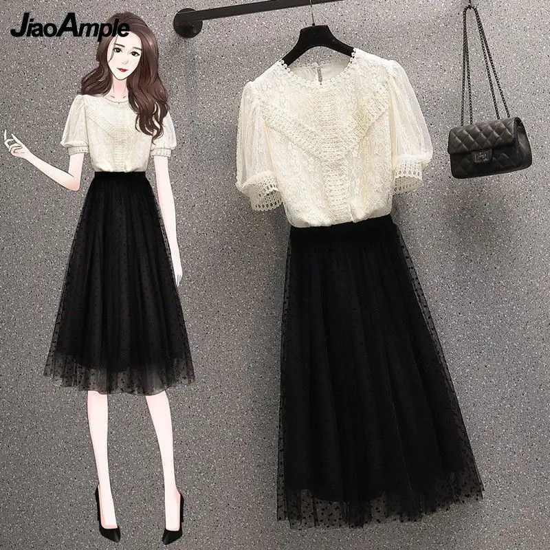 2022 Summer Women Graceful Lace Mesh Shirt A-Line Skirts Two Piece Set Ladies Korean Fashion Puff Sleeve Tops Black Skirt Outfit